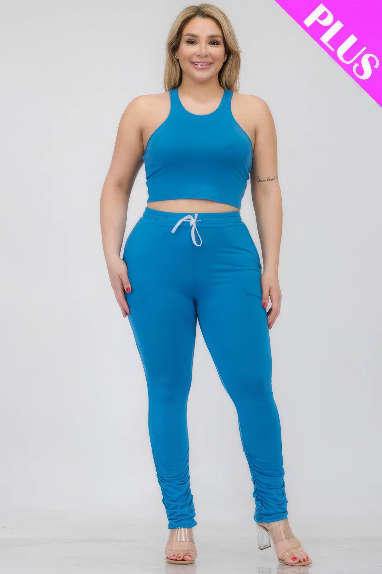 Sky Blue-Crop Tank Top & Ruched Pants Set