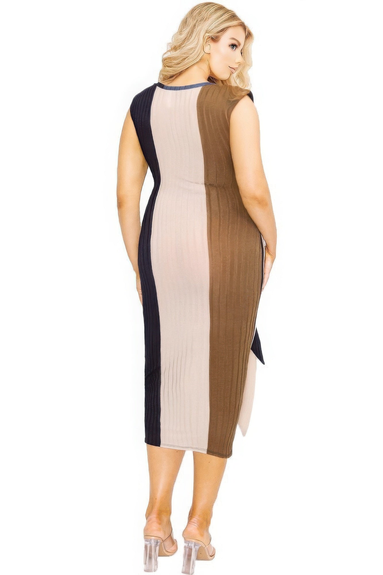 Multi Color-Knitted Dleeveless Colorblock Waist Tie Dress