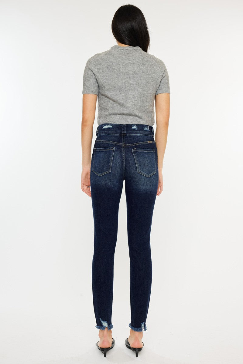 Deep Blue-Cat's Whiskers Raw Hem High Waist Jeans