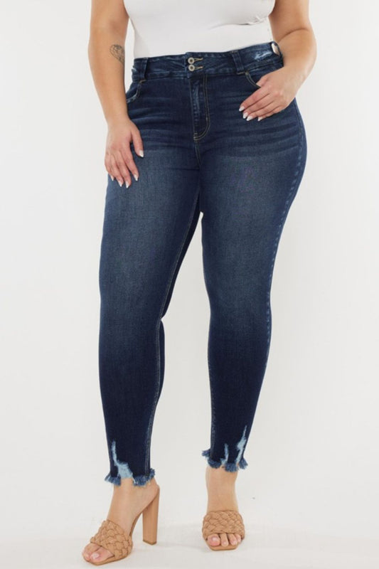 Deep Blue-Cat's Whiskers Raw Hem High Waist Jeans