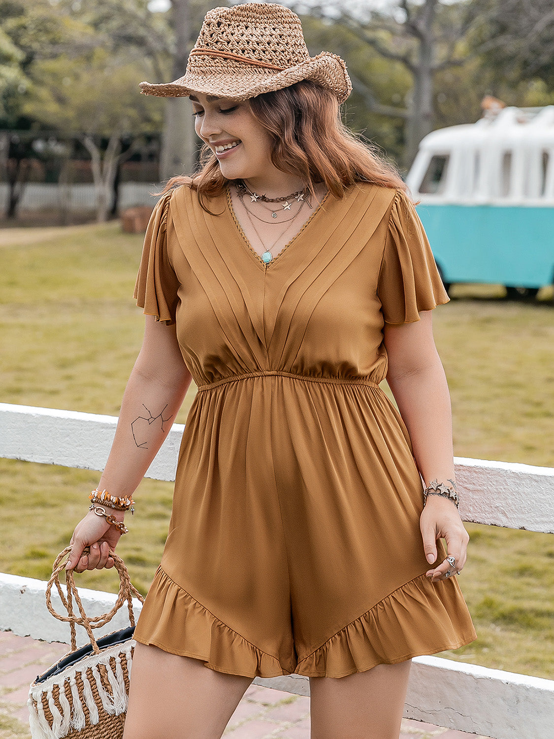 Bronze Ruffled V-Neck Short Sleeve Romper