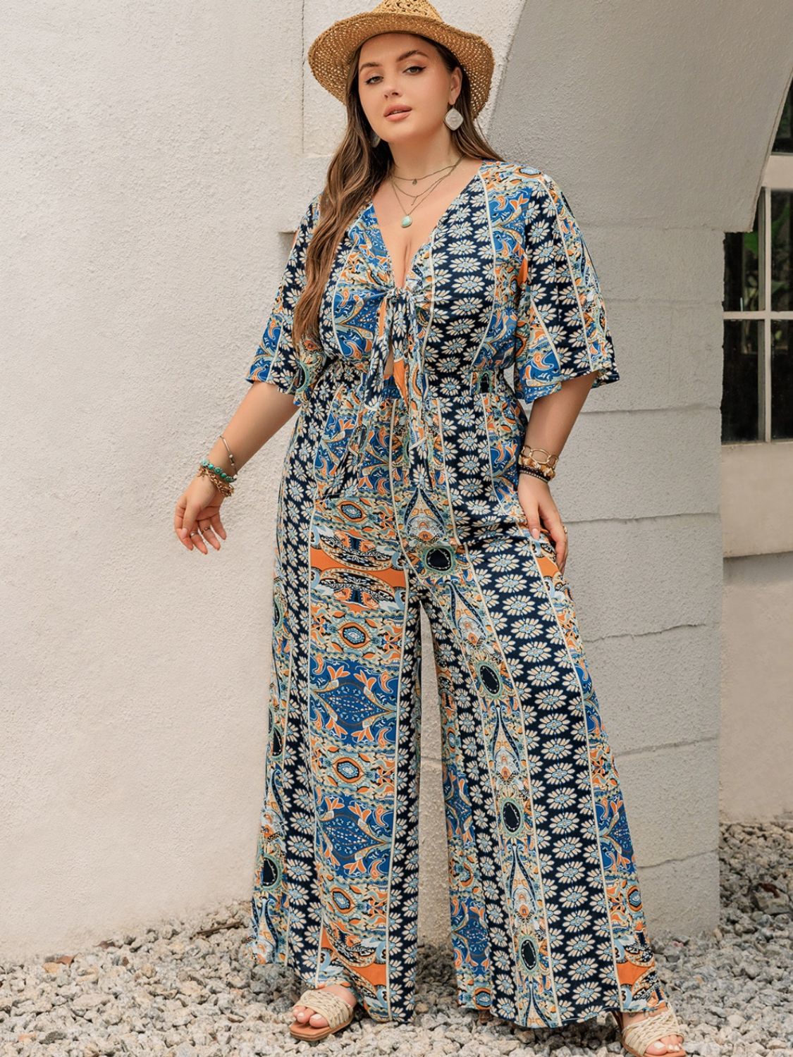 Morrocan Print Half Sleeve Wide Leg Jumpsuit