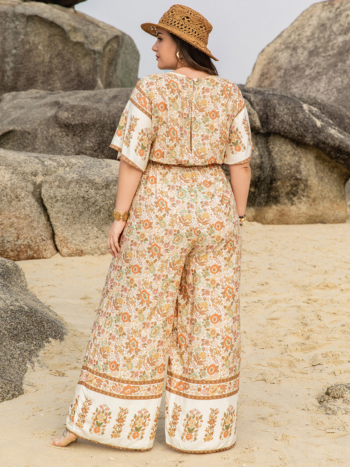 Fall Floral-V-Neck Flutter Sleeve Wide Leg Jumpsuit