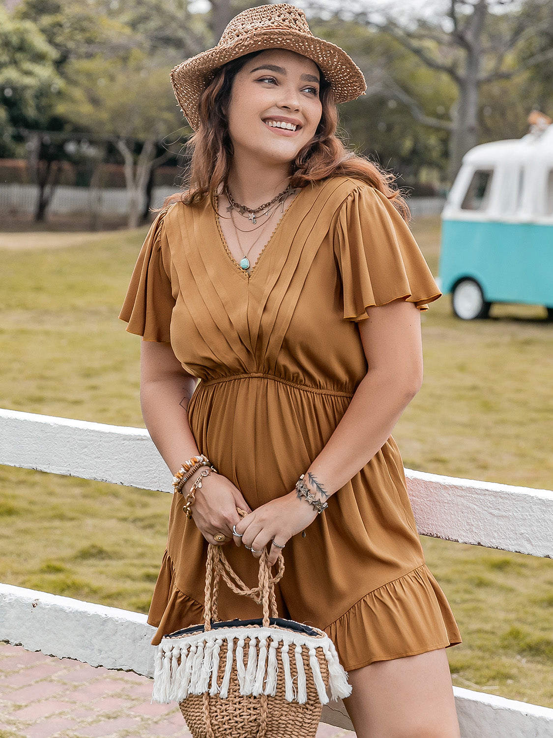 Bronze Ruffled V-Neck Short Sleeve Romper