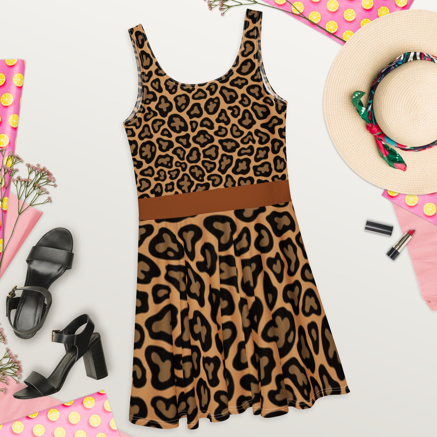 Cheetah Flare Dress-With Vest &Brown Belt Design