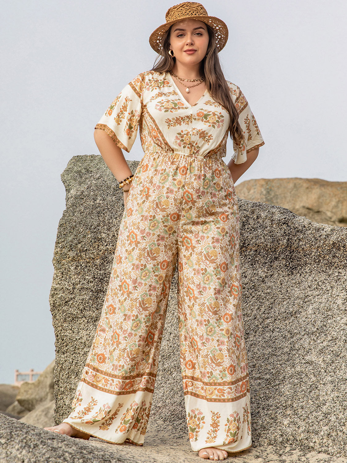 Fall Floral-V-Neck Flutter Sleeve Wide Leg Jumpsuit