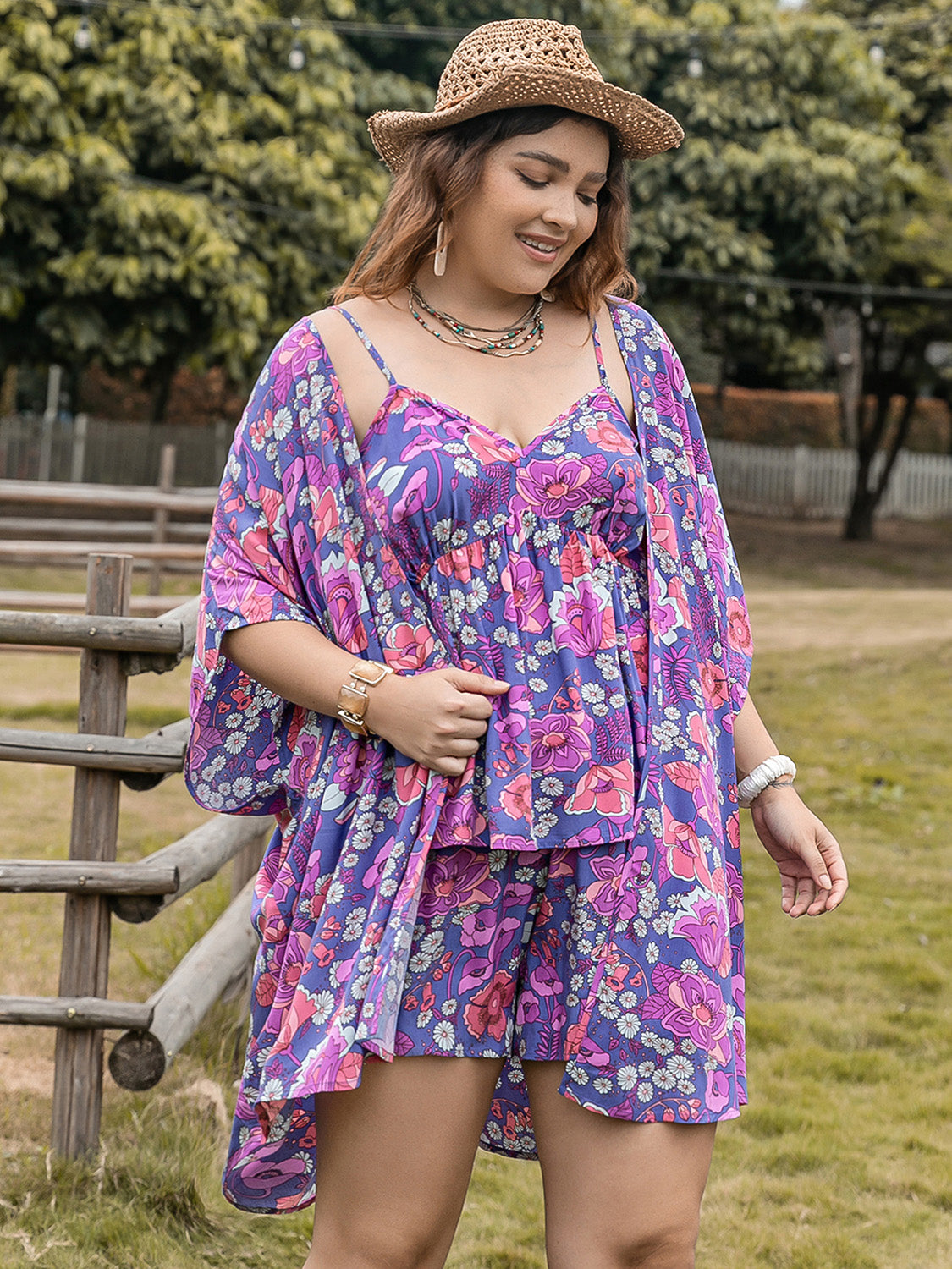 Purple Tulip- Printed Cami, Open Front Cover Up and Shorts Set