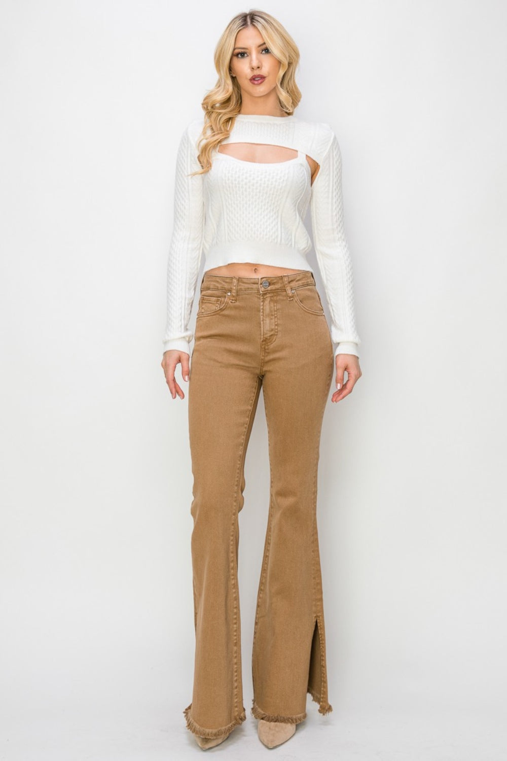 Tan High Waist- Side Slit Flare Jeans