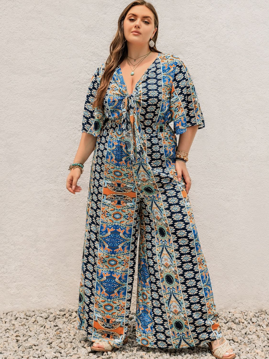 Morrocan Print Half Sleeve Wide Leg Jumpsuit