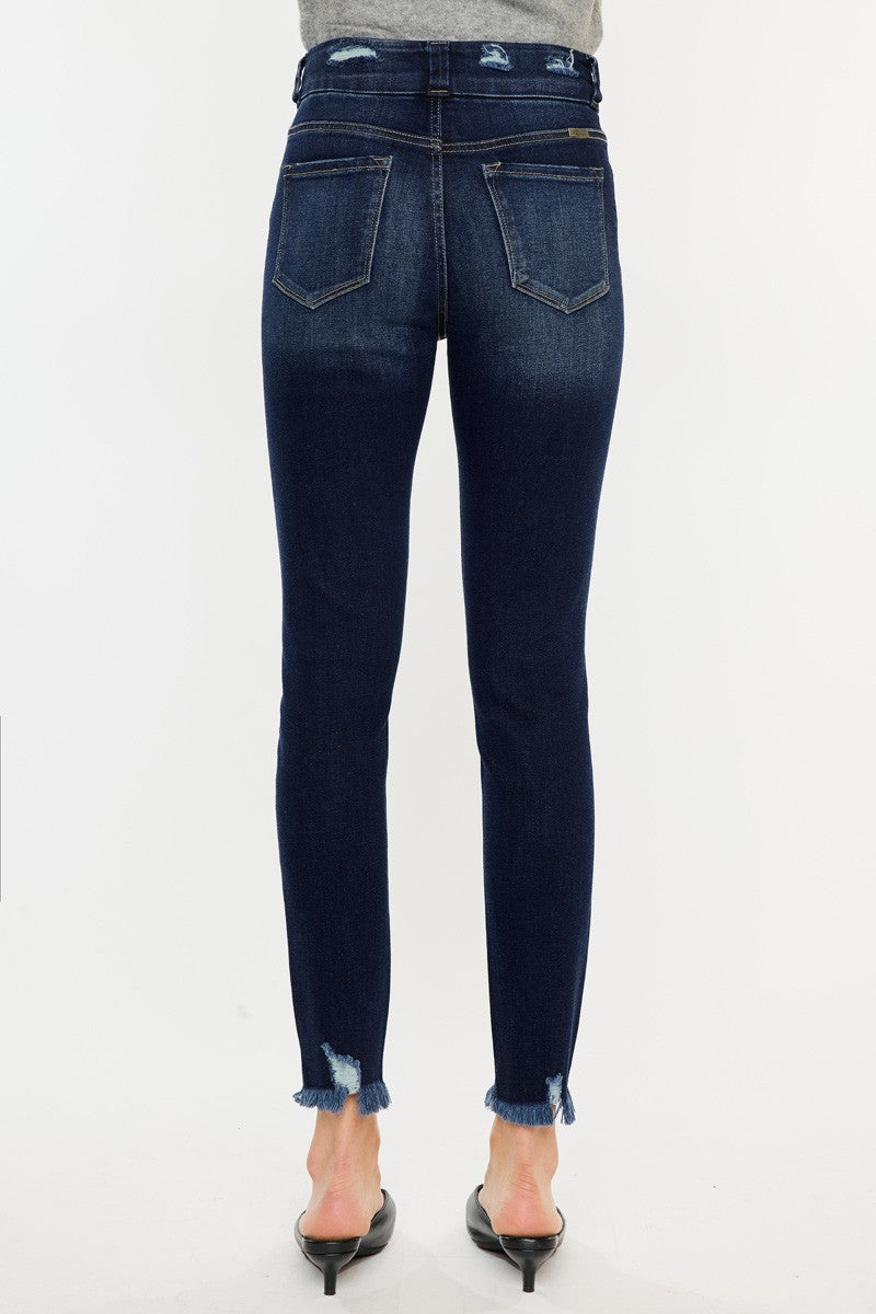 Deep Blue-Cat's Whiskers Raw Hem High Waist Jeans