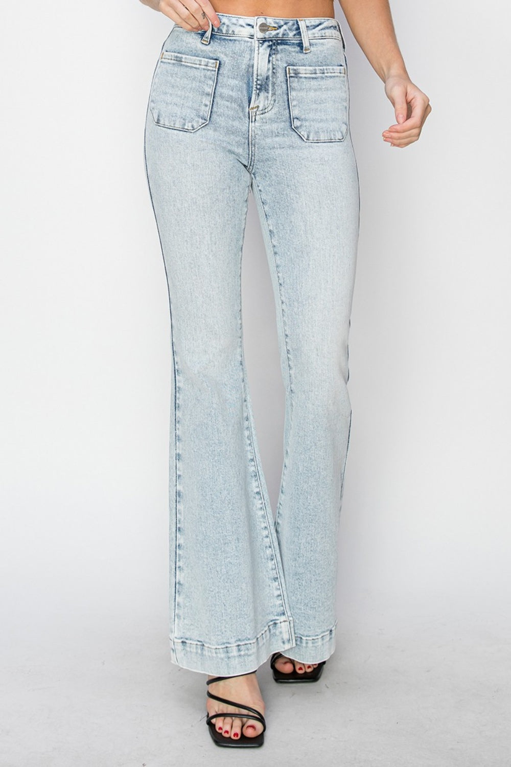 Light Washed- High Rise Front Patch Pocket Flare Jeans