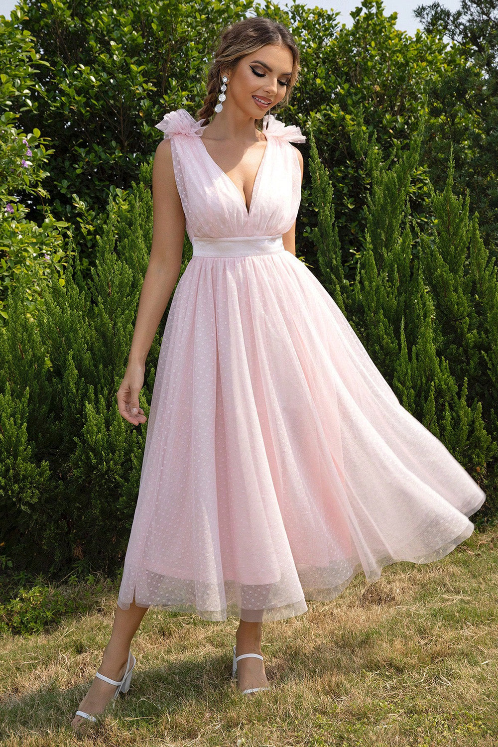 Baby Pink-Tied Ruffle Shoulder Sleeveless Dress