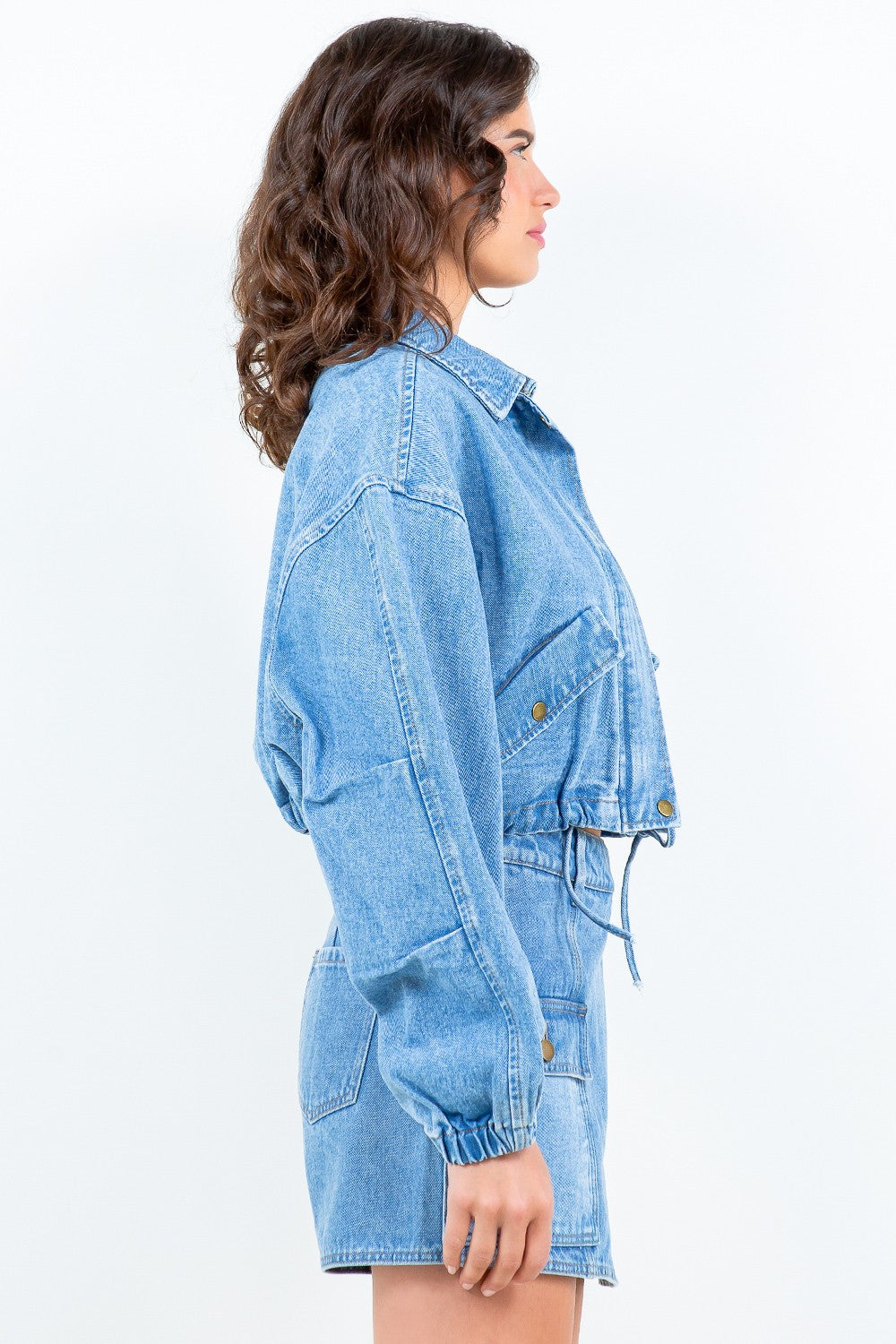 Drawstring Waist Crop- Denim Jacket