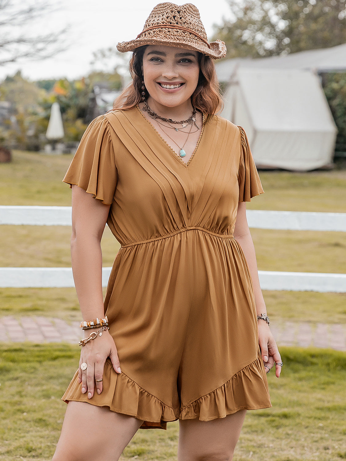 Bronze Ruffled V-Neck Short Sleeve Romper