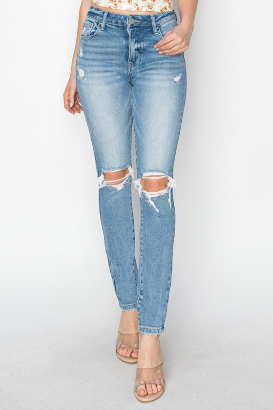 Light Blue-High Rise Knee Distressed Skinny Jeans