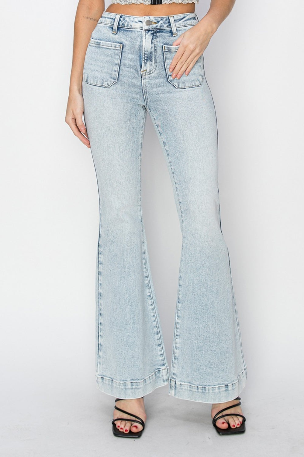 Light Washed- High Rise Front Patch Pocket Flare Jeans