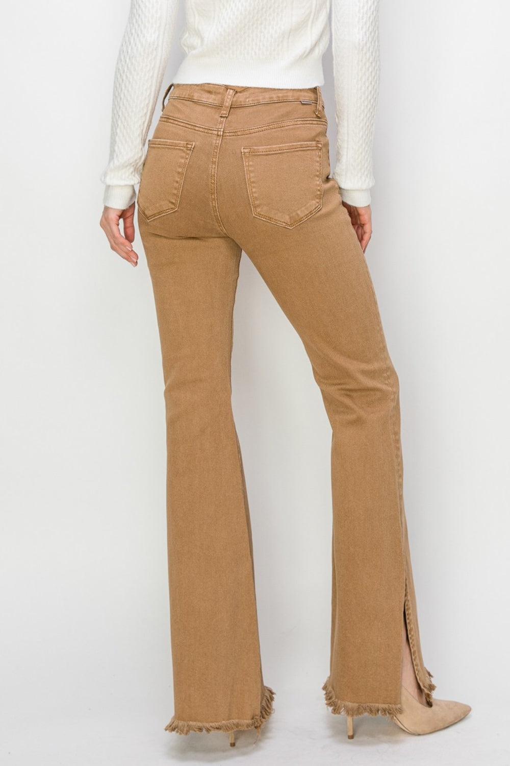 Tan High Waist- Side Slit Flare Jeans