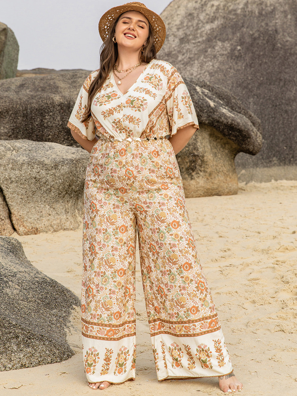 Fall Floral-V-Neck Flutter Sleeve Wide Leg Jumpsuit