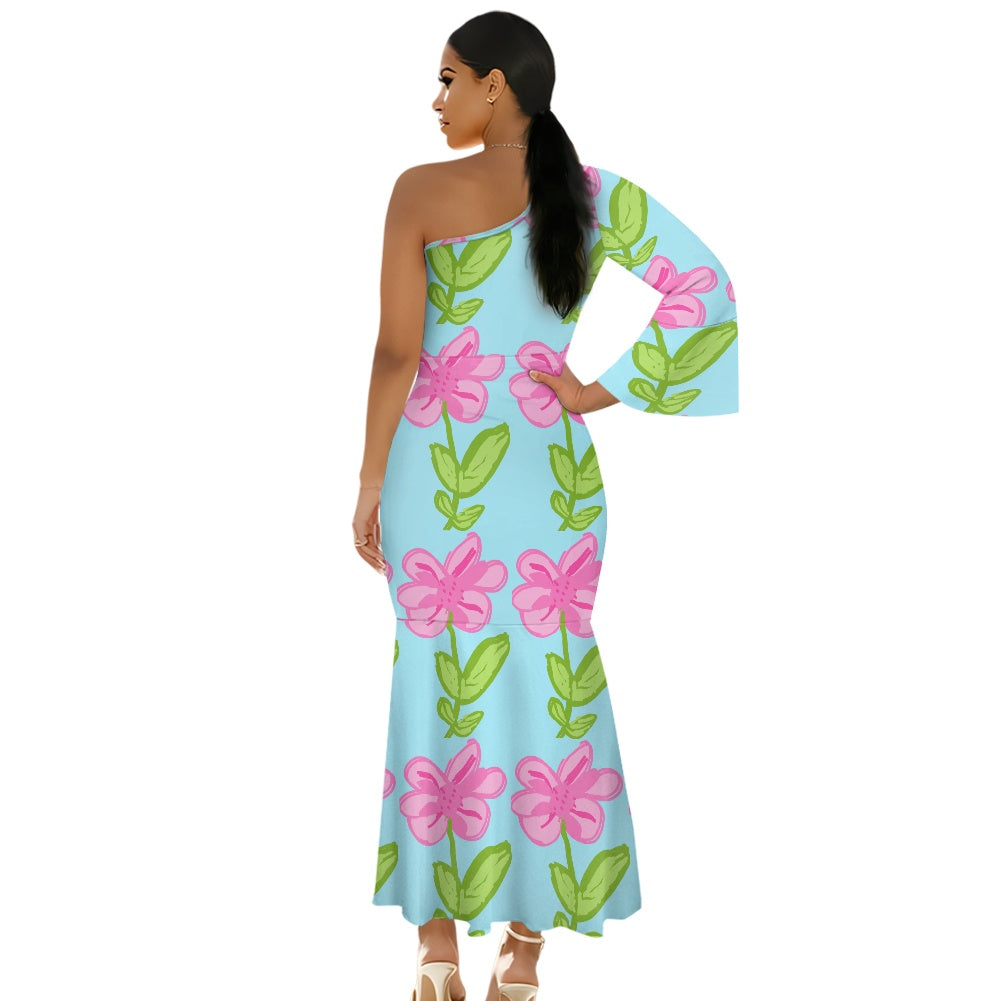 Pink Lilly Long Sleeve Off-Shoulder Fishtail Dress