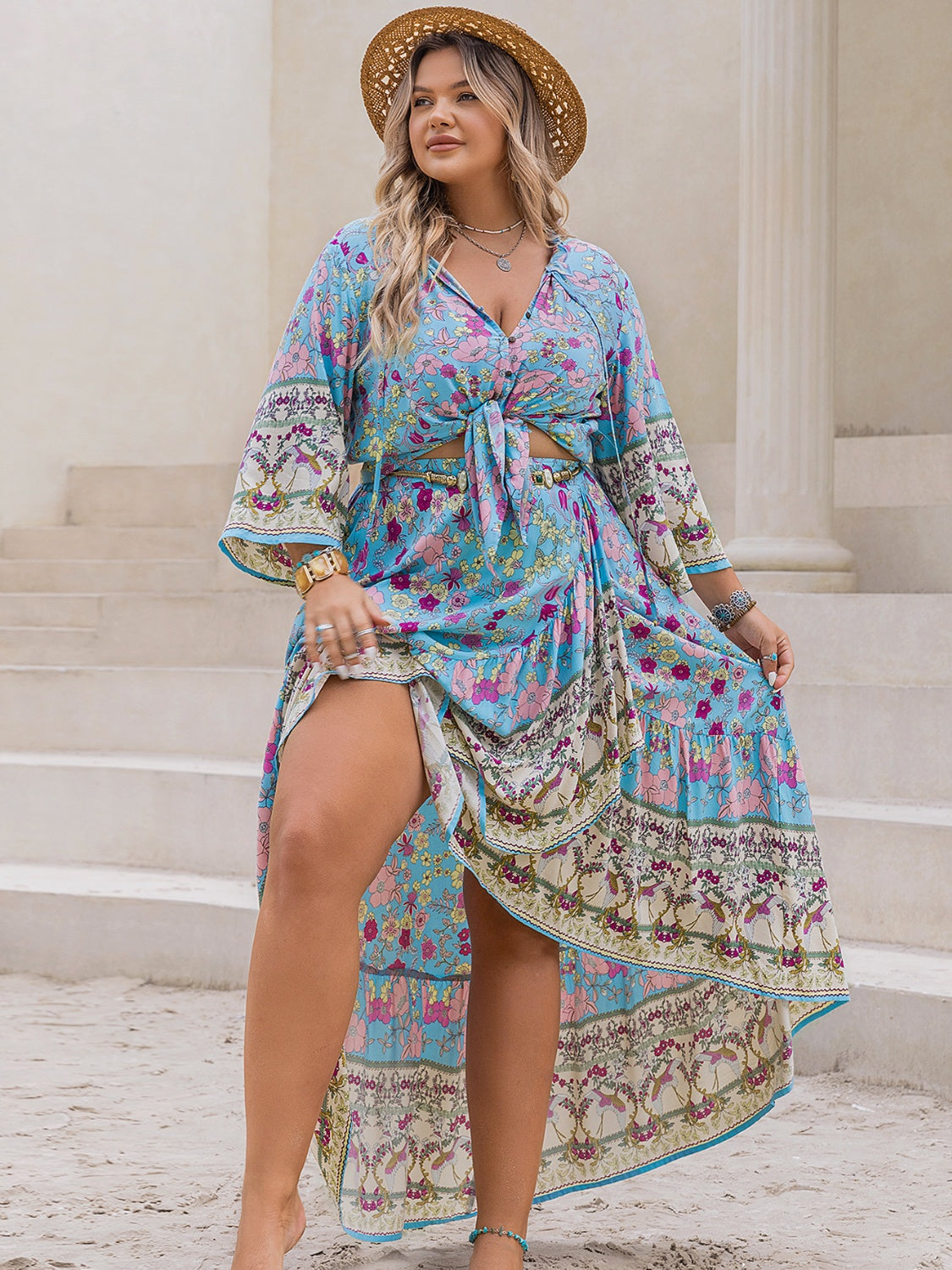 Island Breeze- Printed Tie Neck Top and Skirt Set