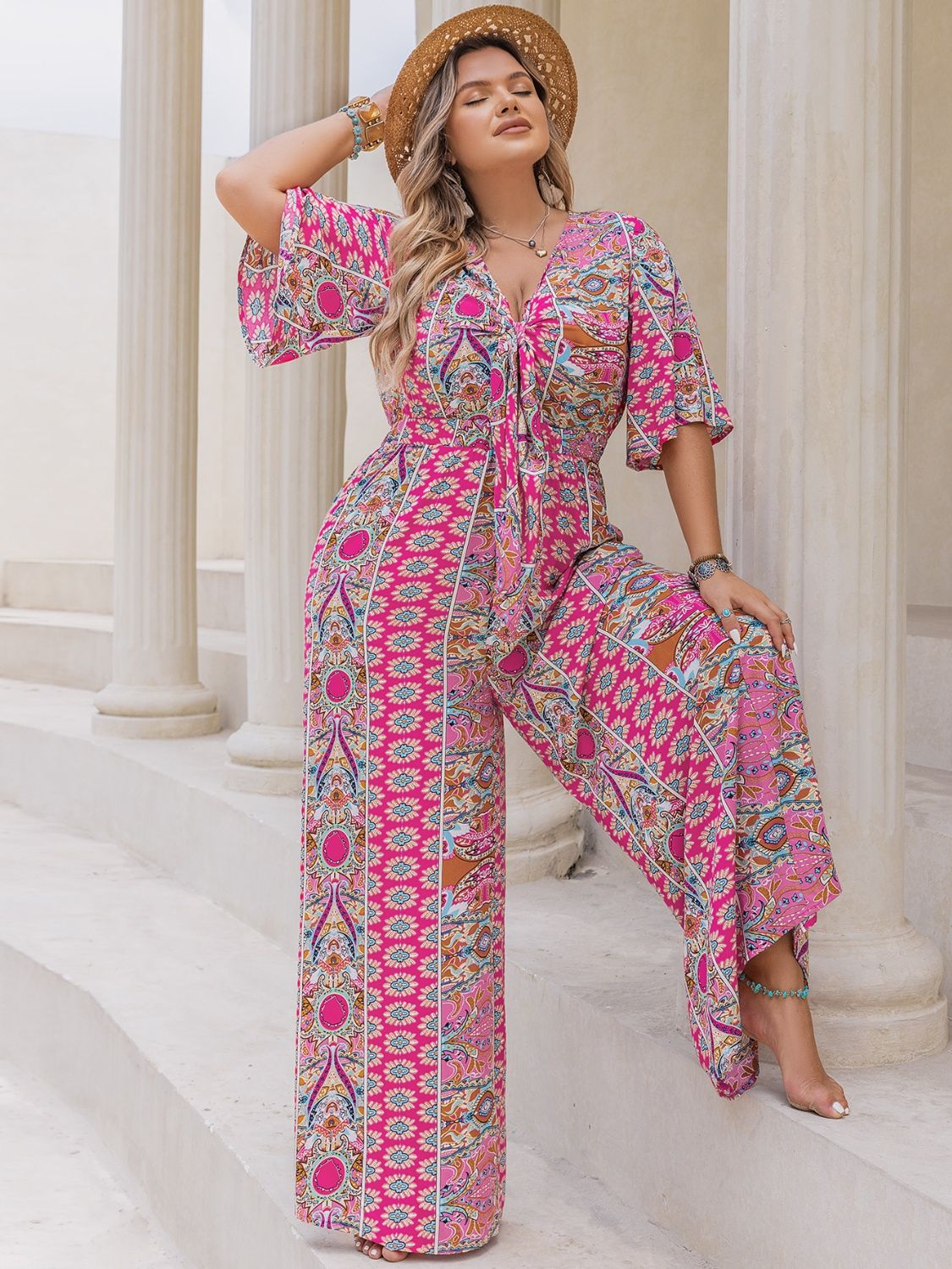 Morrocan Print Half Sleeve Wide Leg Jumpsuit