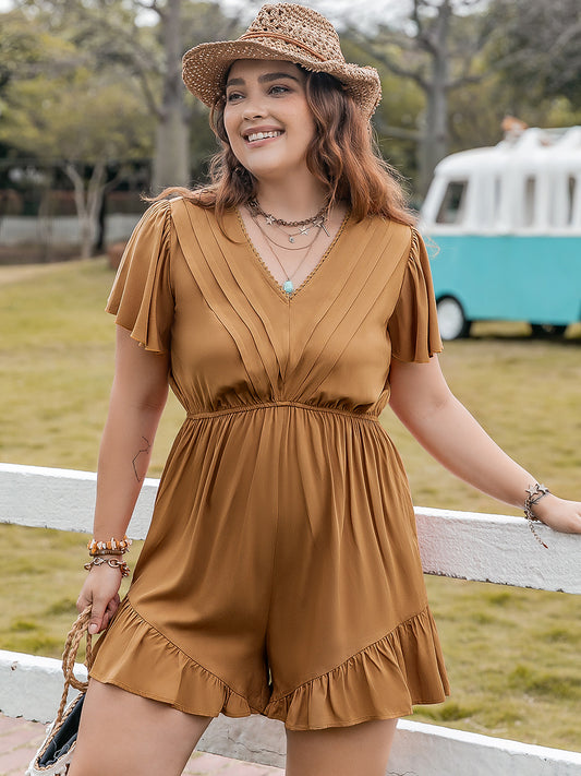 Bronze Ruffled V-Neck Short Sleeve Romper