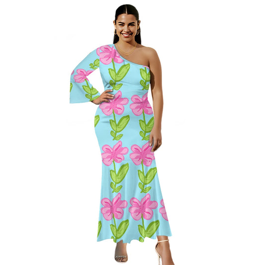 Pink Lilly Long Sleeve Off-Shoulder Fishtail Dress
