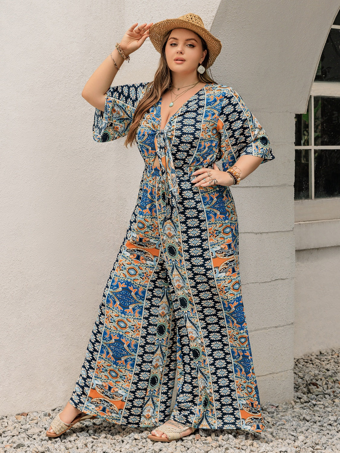 Morrocan Print Half Sleeve Wide Leg Jumpsuit