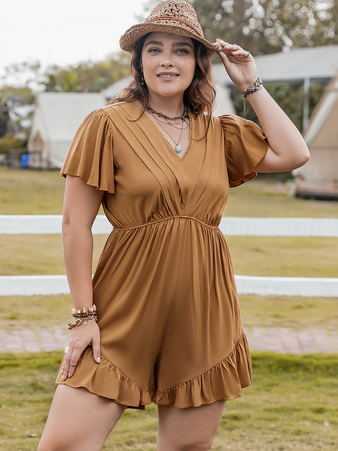 Bronze Ruffled V-Neck Short Sleeve Romper