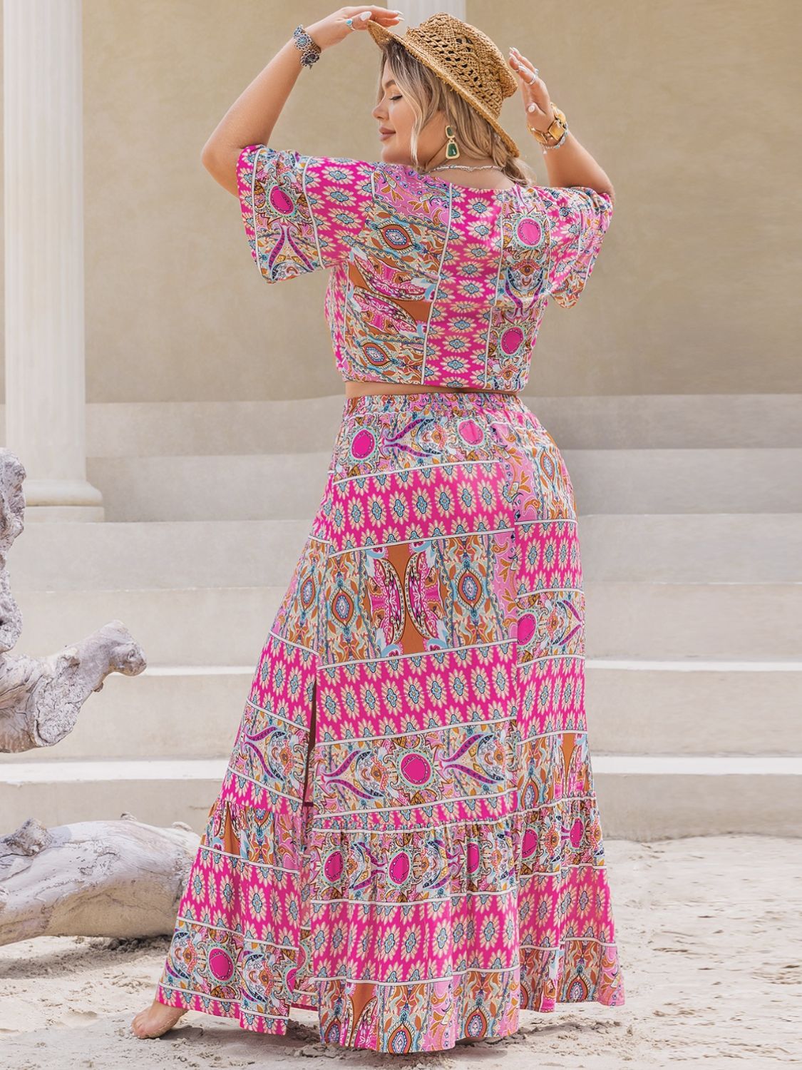 Moroccan Print V-Neck Half Sleeve Top and Skirt Set