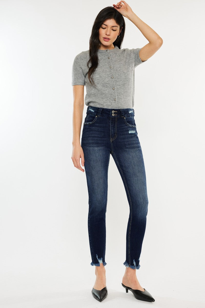 Deep Blue-Cat's Whiskers Raw Hem High Waist Jeans