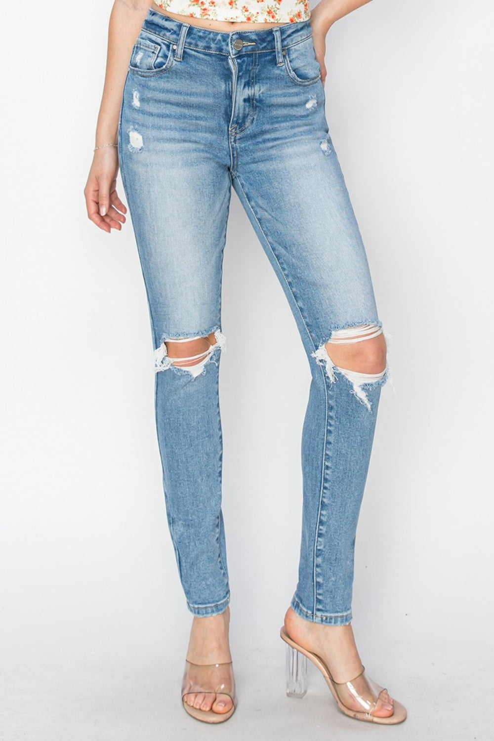 Light Blue-High Rise Knee Distressed Skinny Jeans